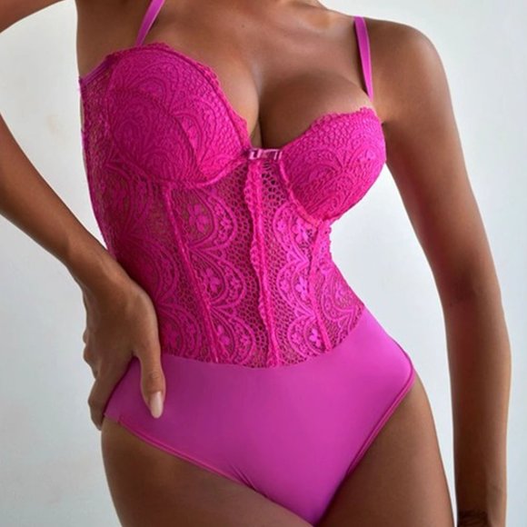 Rose Adjustable Straps Floral Lace Crochet Teddy Lingerie - Picture 1 of 4